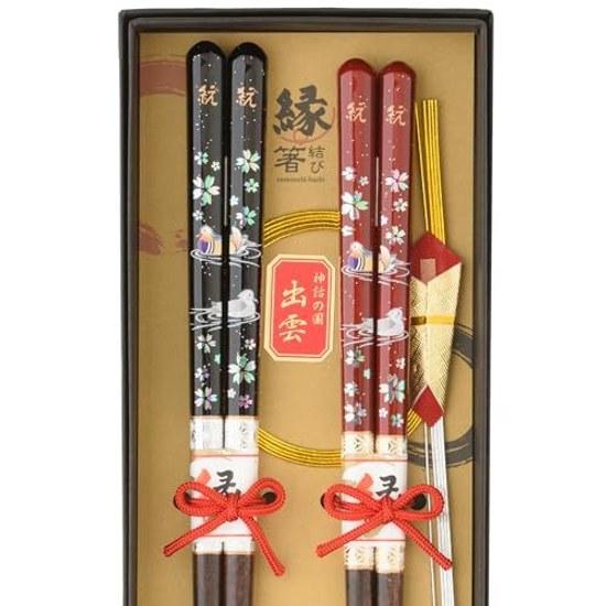 Year-end gift marriage connection chopsticks couple high quality stylish dishwasher safe cherry blossom wedding parents non-slip black red 23cm 21cm