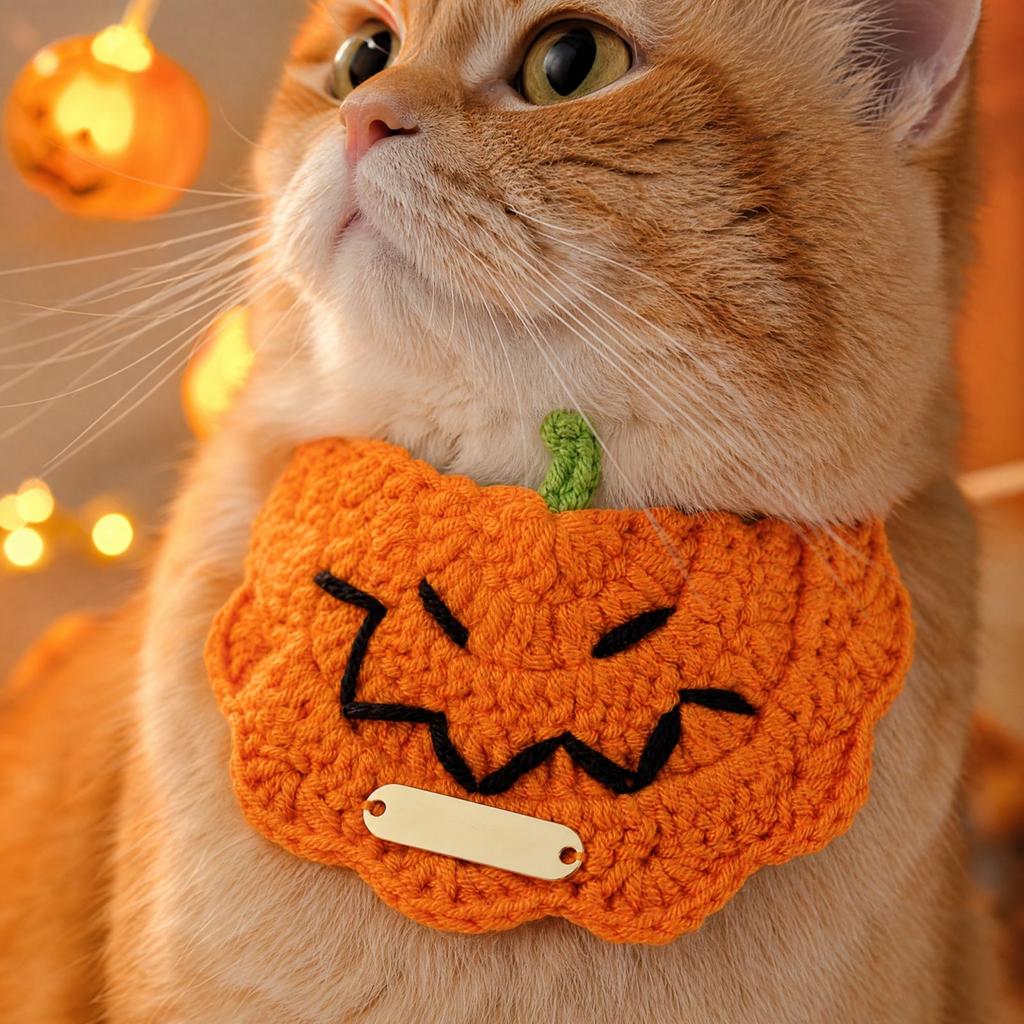 Halloween Pet Bib for Cats and Dogs, Gold Knit Pumpkin Design, Cute Funny Holiday Accessory