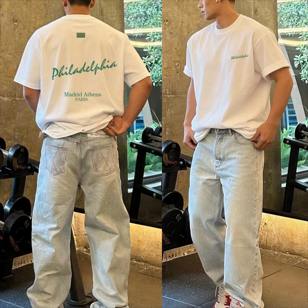 2026 Hot Sale Men Short Sleeve T‑Shirt Philadelphia City Letter Print Tee Front Back Pattern Casual Loose Fit Tops Daily Streetwear for Men