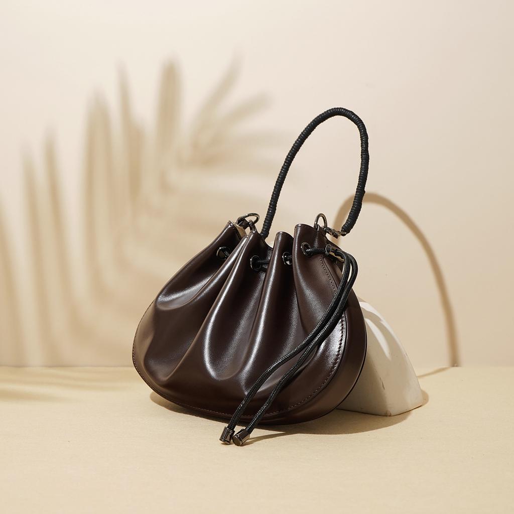 Summer Niche Top-grain Leather Shell Bag, Drawstring Drawstring, Single-shoulder Crossbody Handbag, Underarm Bag