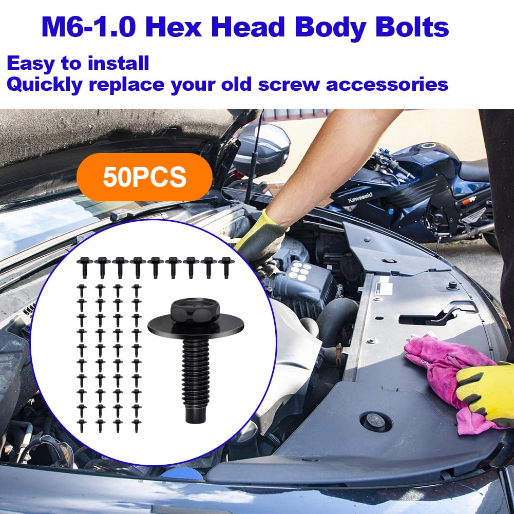 50Pcs M6-1.0 Hex Head Body Bolts Bumper Fender Splash Shield Under Cover Hood,M6 Bolt,Hex Bolts,10Mm Bolt,20Mm Washer