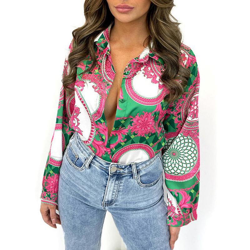 Foreign Trade European and American Women's Clothing Shirt Women's Spring and Autumn-Border Top Lapel Cardigan Printed Shirt Autumn Long Sleeve