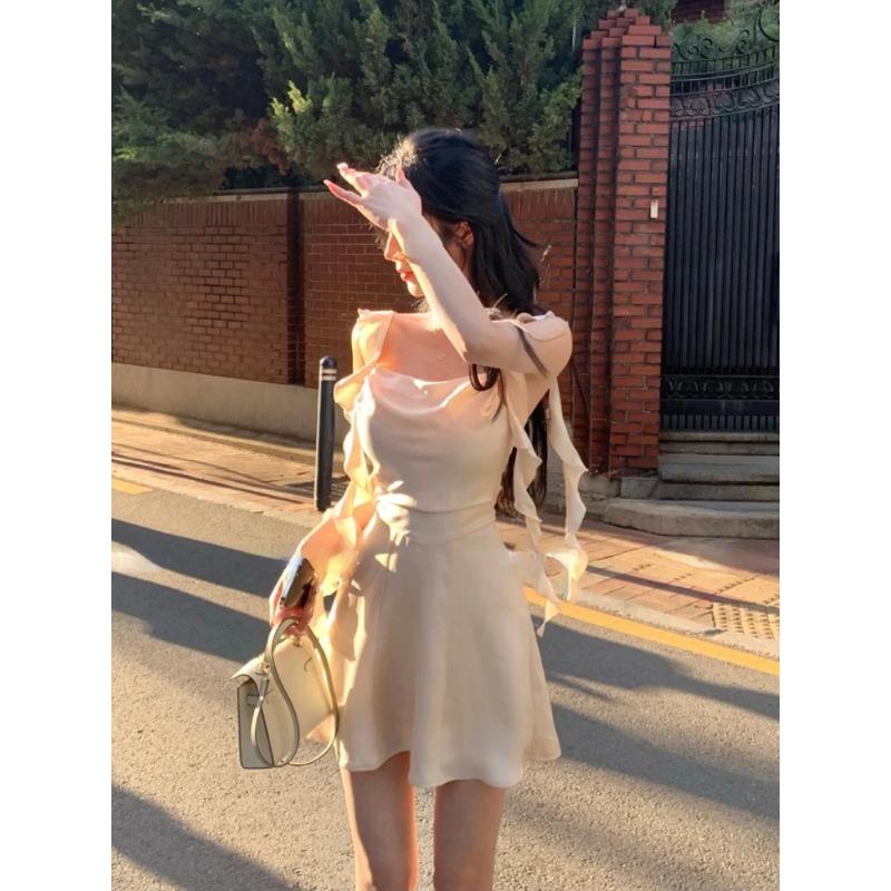 Elegant Party Mini Stain Dress Women Sleeveless Fairy Strap Dress Office Lady Vintage One Piece Dress Korean 2026 Summer