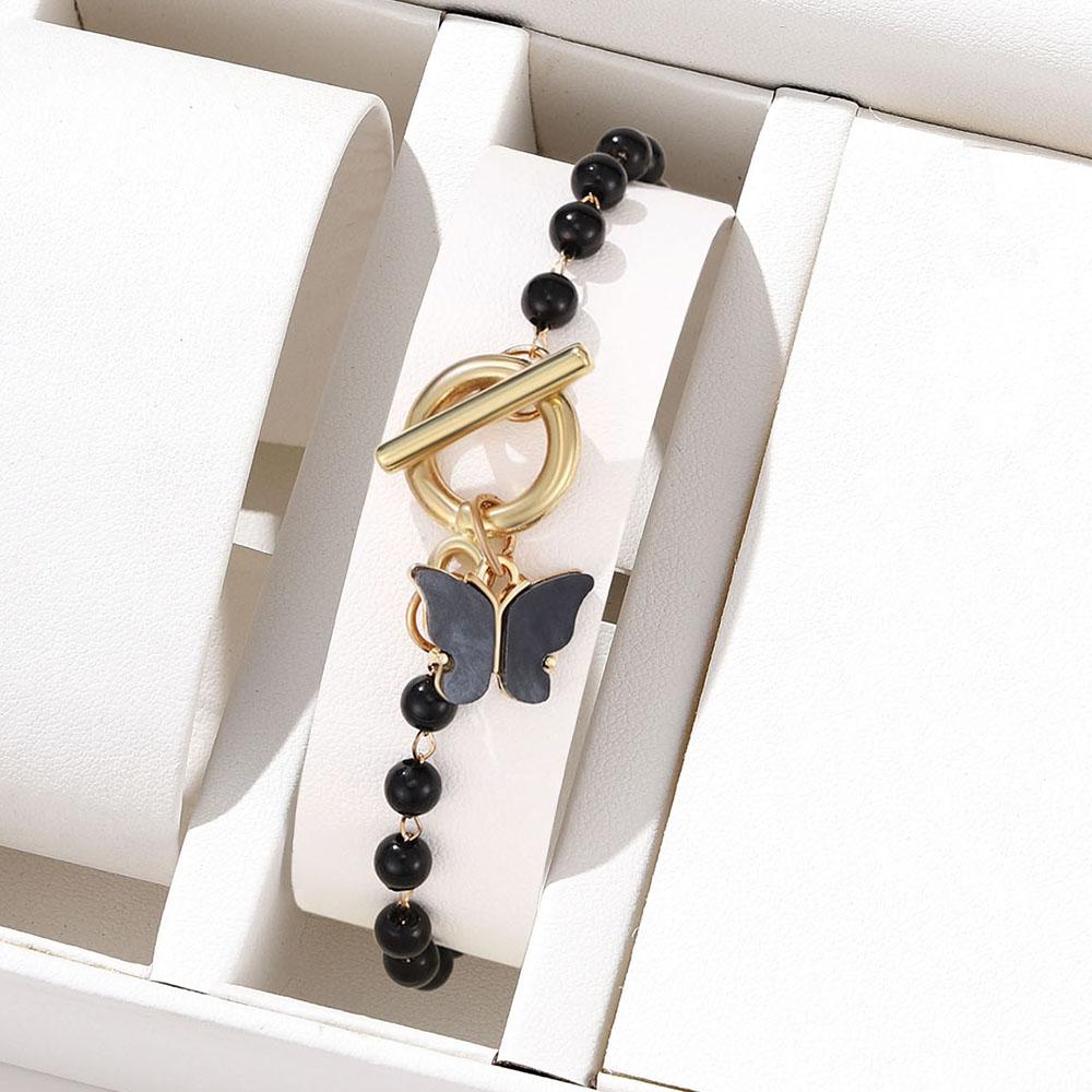 1 Set Neutral Black Beaded Butterfly Pattern Bracelet Fashionable Versatile Light Luxury Niche High-end Personalized Accessories