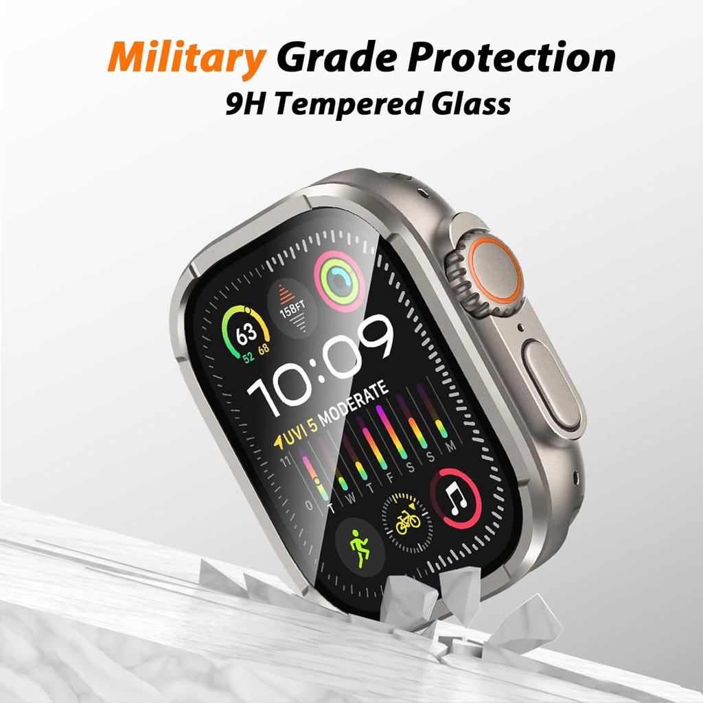 Amizee 2 Pack Metal Case Compatible with Apple Watch Ultra/Ultra 2 Screen Protector Case 49mm with Tempered Glass, Metal Frame Built In HD Glass