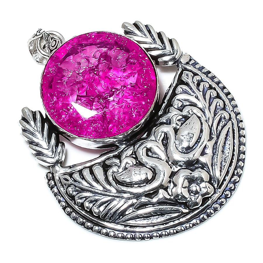 Pink Crack Crystal Gemstone 925 Sterling Silver Jewelry Pendant 2.44" SU-6882