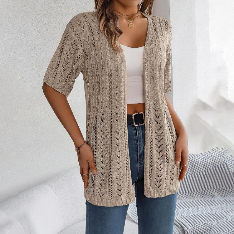 Eleganter Damen V-Ausschnitt Locker Gestrickter Cardigan Solider Karopullover Frühling Sommer Oberteile
