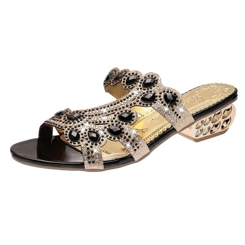 Summer New 2025 Rhinestone Slippers Ladies Chunky Heels Hollow Anti-slip Casual Slippers Fashion Beach Flip Flop Sandals