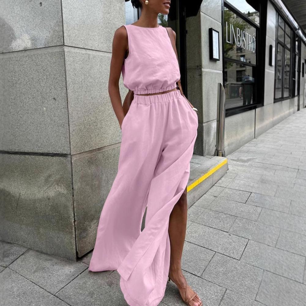 European and American cotton-linen solid color set, spring/summer casual women's vest, slit pants two-piece set