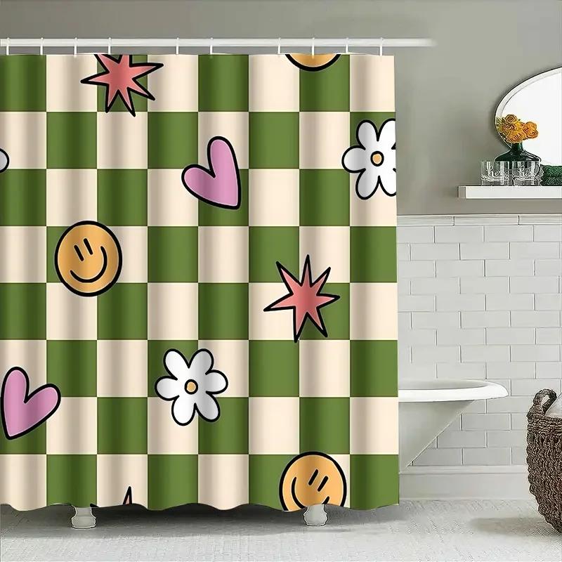 Stylish Green And Beige Checkered Shower Curtain With Cute Patterns For Your Home Bathroom Decorationwaterproof Polyesterfabric