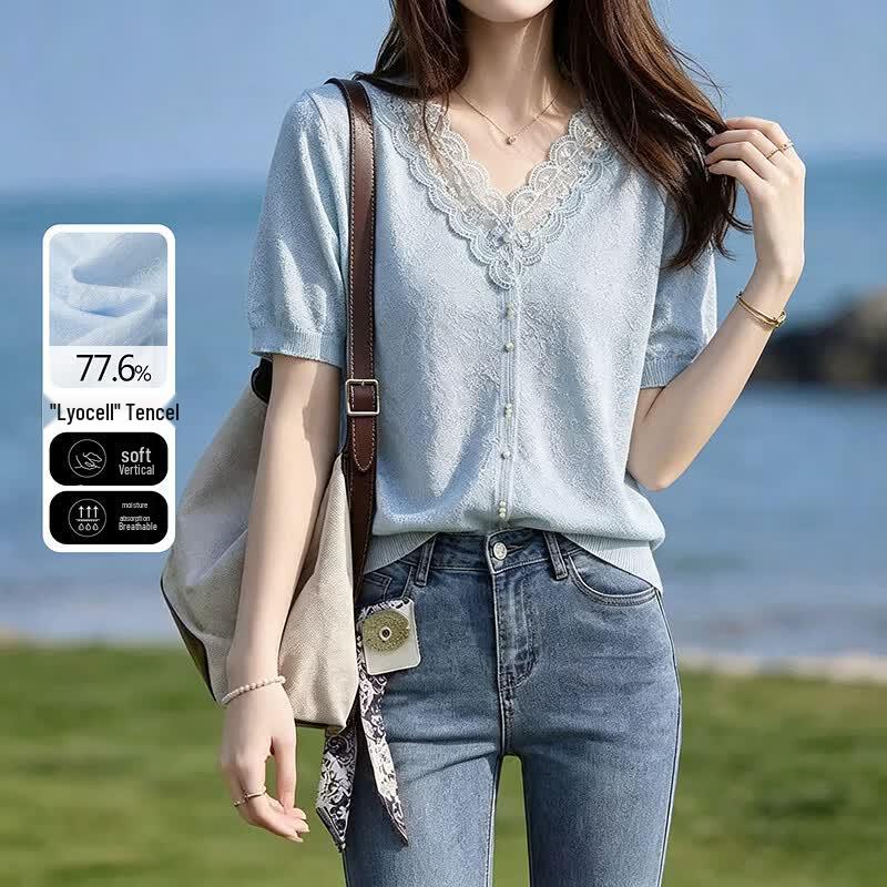 Summer Lyocell Blend Lace Crochet Knit V-Neck Top One Size синий