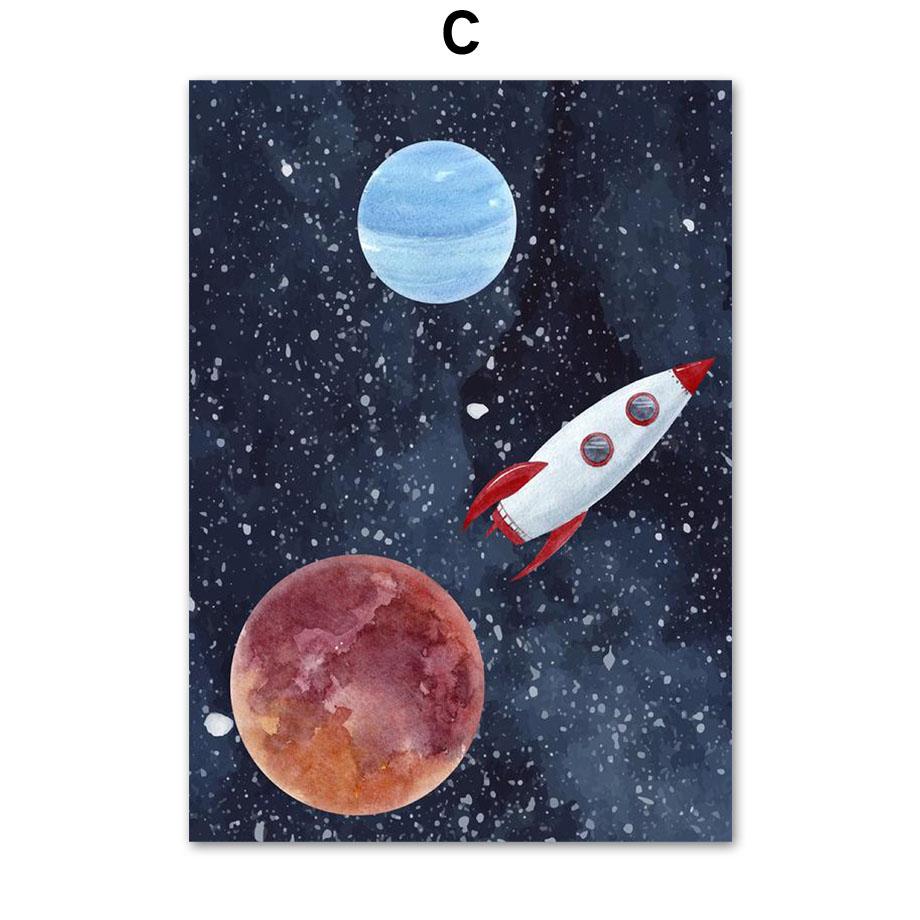 Cartoon Space Astronaut Planet Rocket Spacecraft Wall Art Print Canvas Painting Nordic Poster Wall Pictures Baby Kids Room Decor