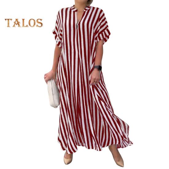 

Женское платье в полоску с принтом в тон, с V-образным вырезом и короткими рукавами, свободное трапециевидное платье с боковым разрезом, повседневное платье макси, летнее длинное платье XL красный