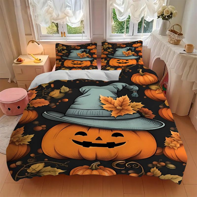 3pcs Halloween Pumpkin Duvet Cover Set - Machine Washable, Includes 1 Cover and 2 Pillowcases, No Core Included yy251013082