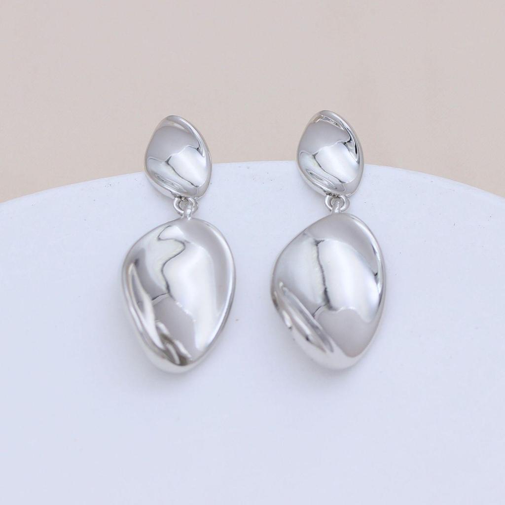 Gold-Tone S925 Silver Oval Ripple Earrings - European & American Style