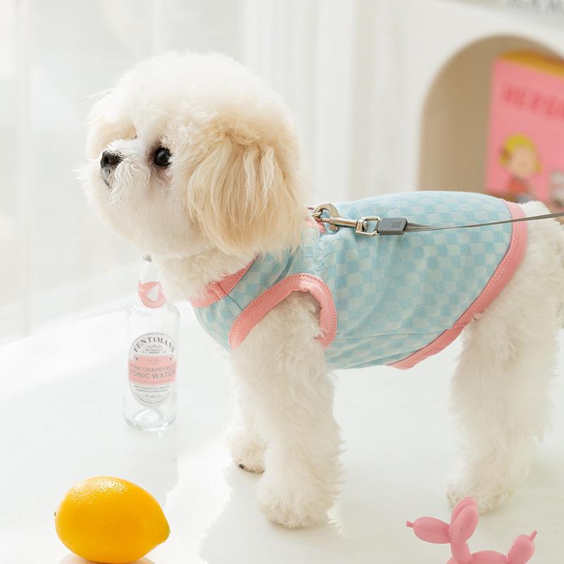 Traction rope dog vest spring and summer thin two-legged cat checkerboard small dog teddy bear pet clothes