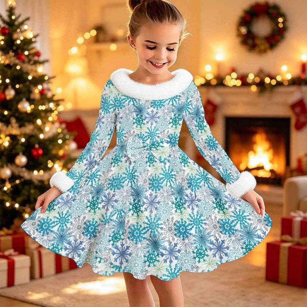 Kids Long Sleeve Christmas Dress, Merry Christmas Print Faux Fur Collar Bow Decor Princess Dresses for Girl Holiday Party Wear