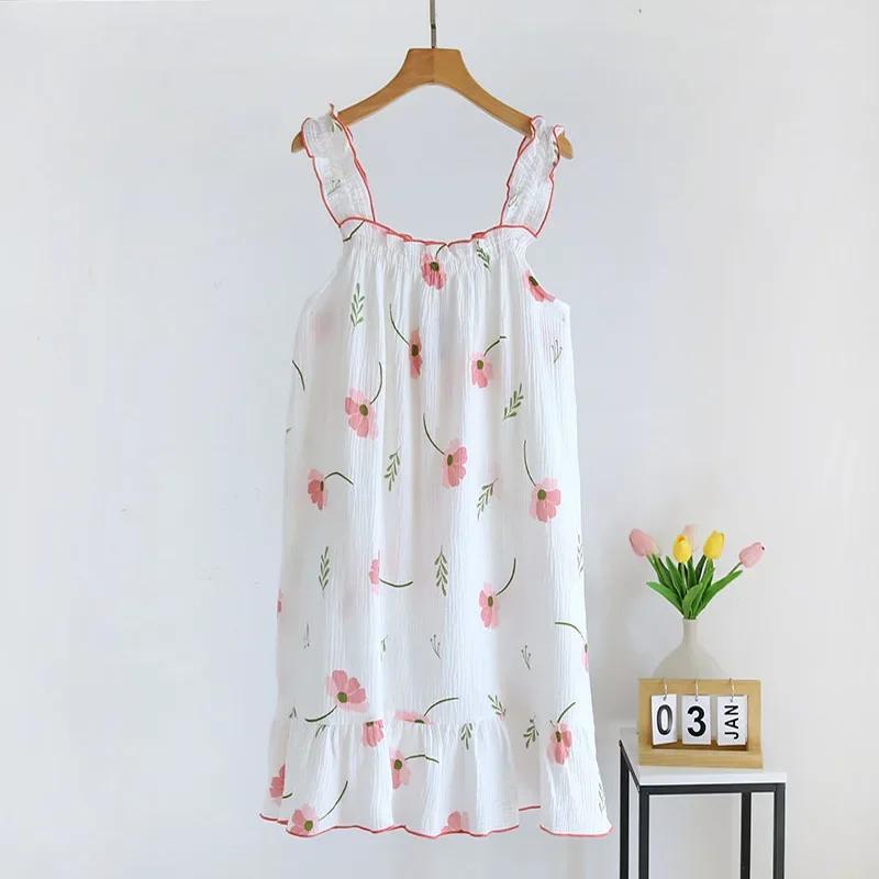 

Женская летняя хлопковая пряжа из чистого хлопка, тонкая ночная рубашка на подтяжках, свободная, средней длины, милое и милое длинное домашнее платье, сексуальная майка XL