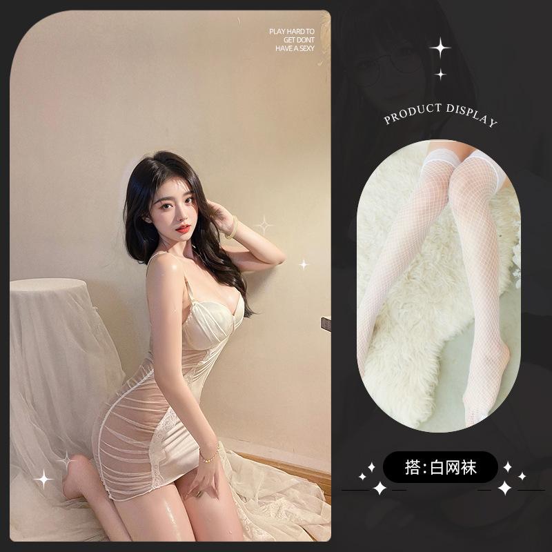Sexy lingerie sexy deep vA wrinkled mesh perspective seduction hot suspender nightdress set