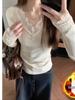 Women's Lace Trim V-Neck T-Shirt, Slim Fit, Long Sleeve, Ruffle Detail, Ideal for Spring and Autumn, Perfect As an Inner Layer.
