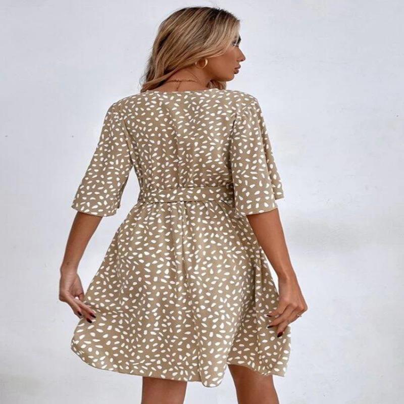 Fashion Polka Dot Printed Summer Dress Short Sleeved V-neck Lace-up Slim Waist Versatile Casual Loose Simple A-line Party Short Dress Elegant Female