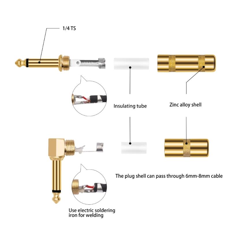 2pcs 6.35mm Plugs Solder Connectors DIY Straight Head/Elbow Solder Type Plugs for Instrument Sound Cable Termination