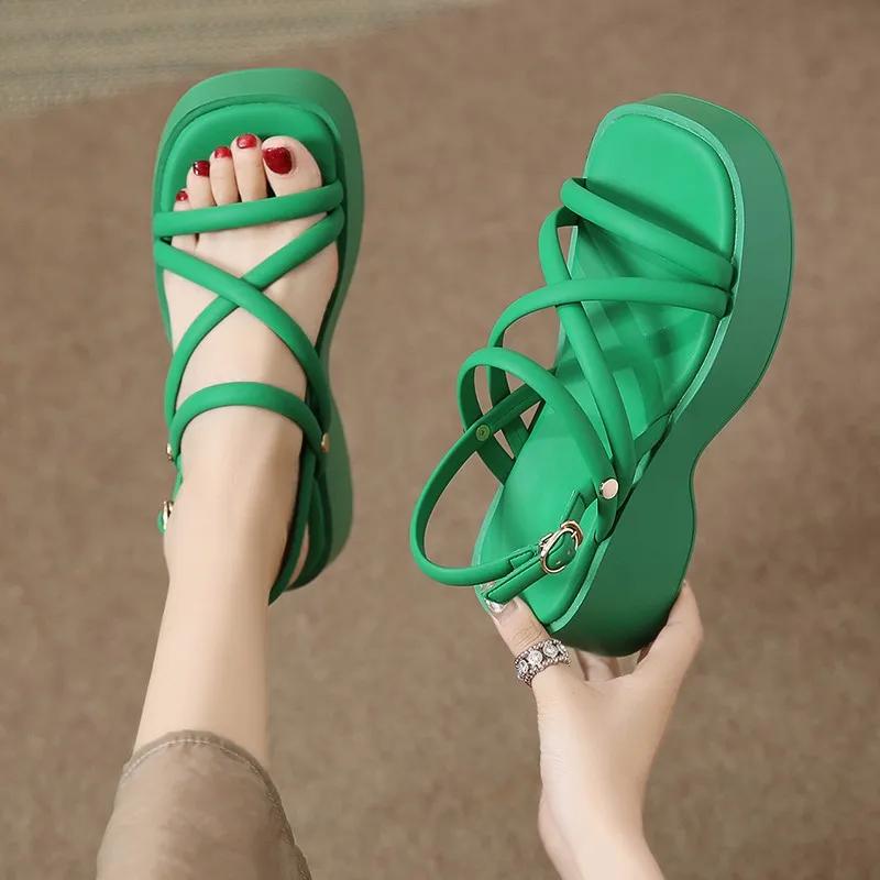2024 New High Heels Cross Strap Thick Sole Matsuke Shoes Roman Sandals for Women