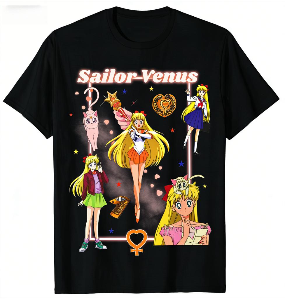 Bequemes Sailor Venus Collage Anime Shirt Sailor Moon T-Shirt Artemis Zauberstäbe 2026 Neues Baumwoll Sommer Unisex und Damen T-Shirt