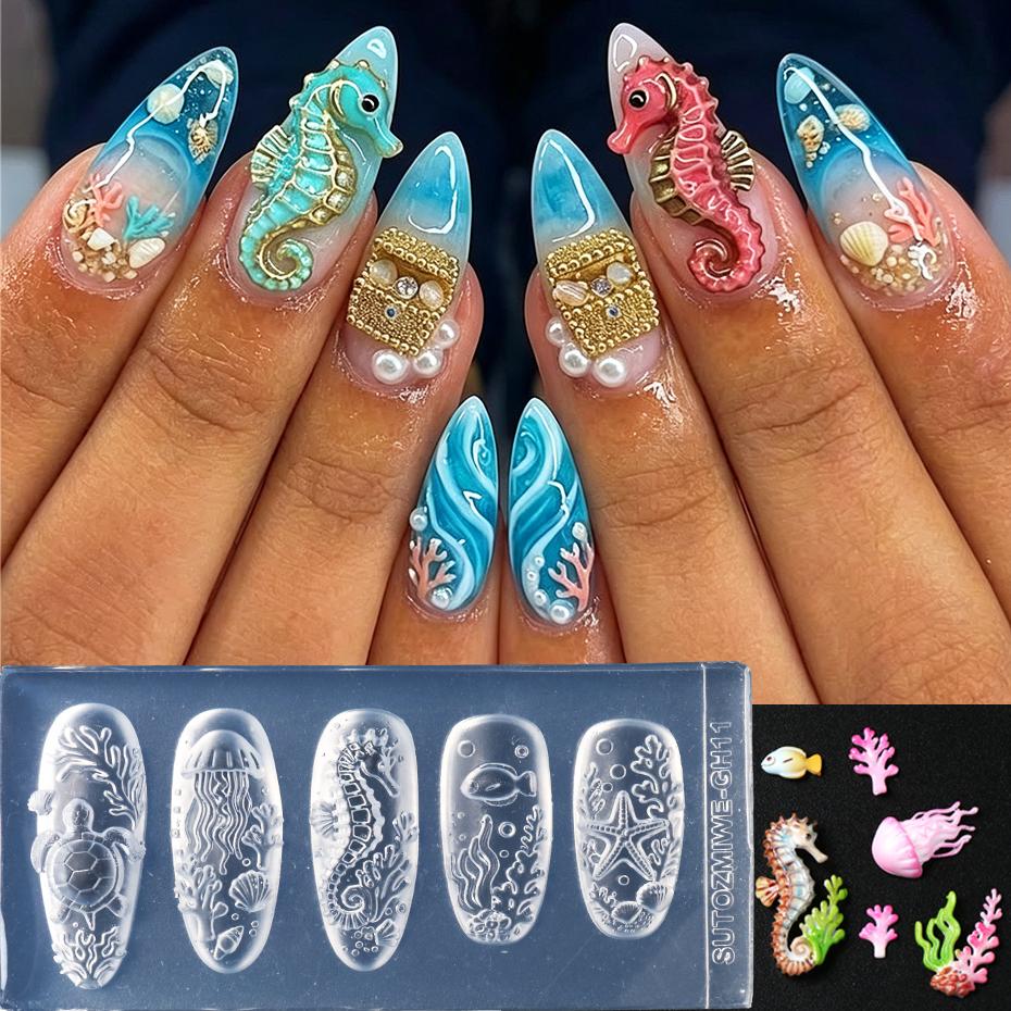 Xiaomi 3D Ocean Style Silicone Nail Art Mold Starfish, Jellyfish, Turtles, Coral, Seahorses Marine Life Patterns Nail Mold Nail Tools
