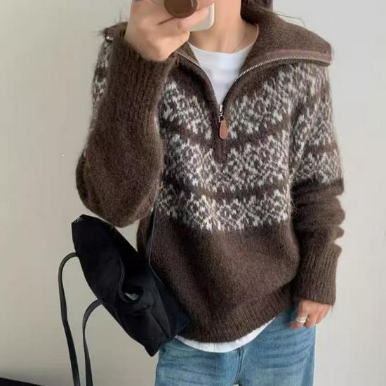 Damski sweter z wełny Fair Isle z wysokim kołnierzem i zamkiem błyskawicznym - Jesień/Zima Luźny dzianinowy