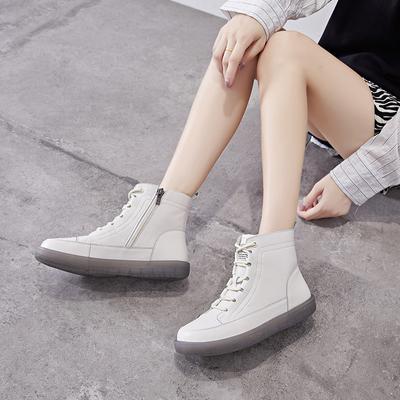 Leather Short Boots Women's 2025 Casual Versatile Flat Bottom Side Zipper High Top White Shoes Women's Internet Celebrity Popular Boots Velvet