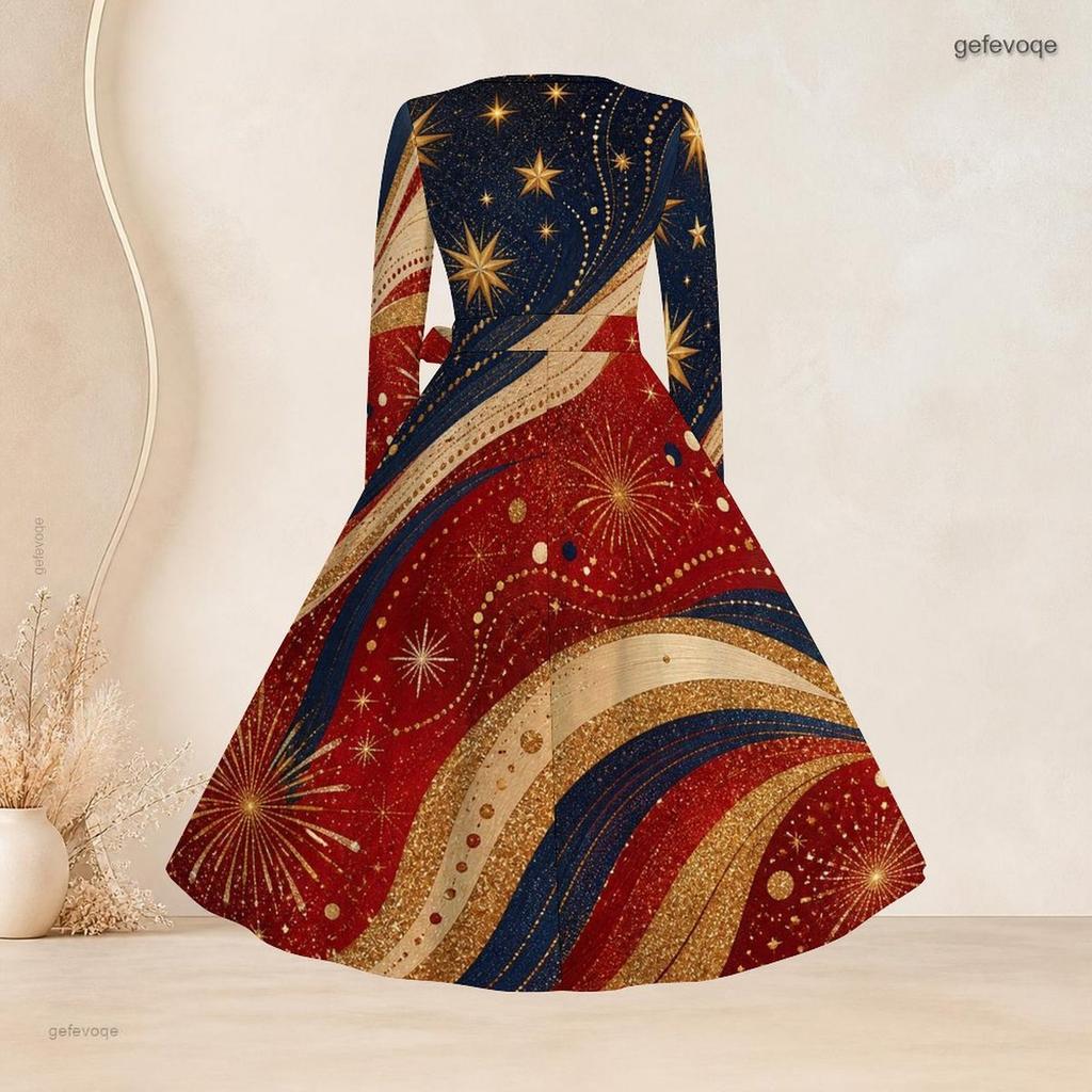 Plus Size Women Square Neck Long Sleeve Dress With Belt Red Blue Gold Star Firework Glitter Print Swing Dress