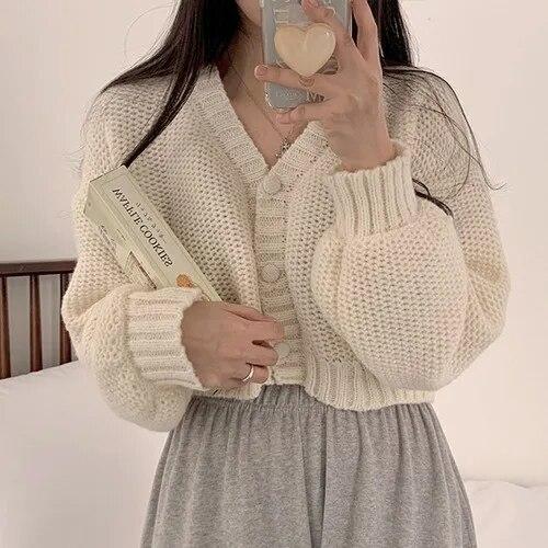 Sexy Sweet Short Knitted Cardigan Sweet Korean V Neck Lantern Sleeve Sweaters for Women Fall Wild Simple Cropped Pink Cardigan Coat