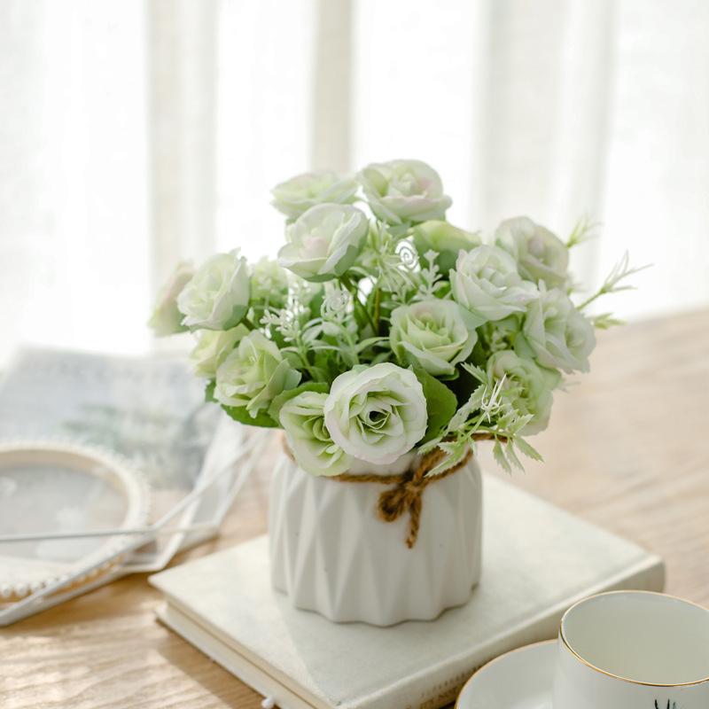 Artificial Flowers with Small Ceramic Vase Faux Roses Plants Eucalyptus Leaves Berries Flower Arrangements Decorations for Home