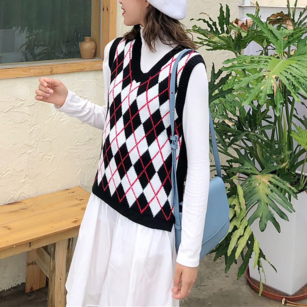 Women's Casual V-Neck Pullover Shirt Collision Color Sleeveless Sweater Vest