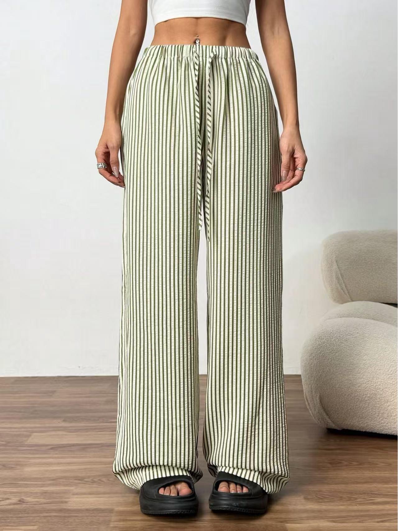 European & American Striped Wide-Leg Summer Women s Pocket Pants Extra Large зелёный