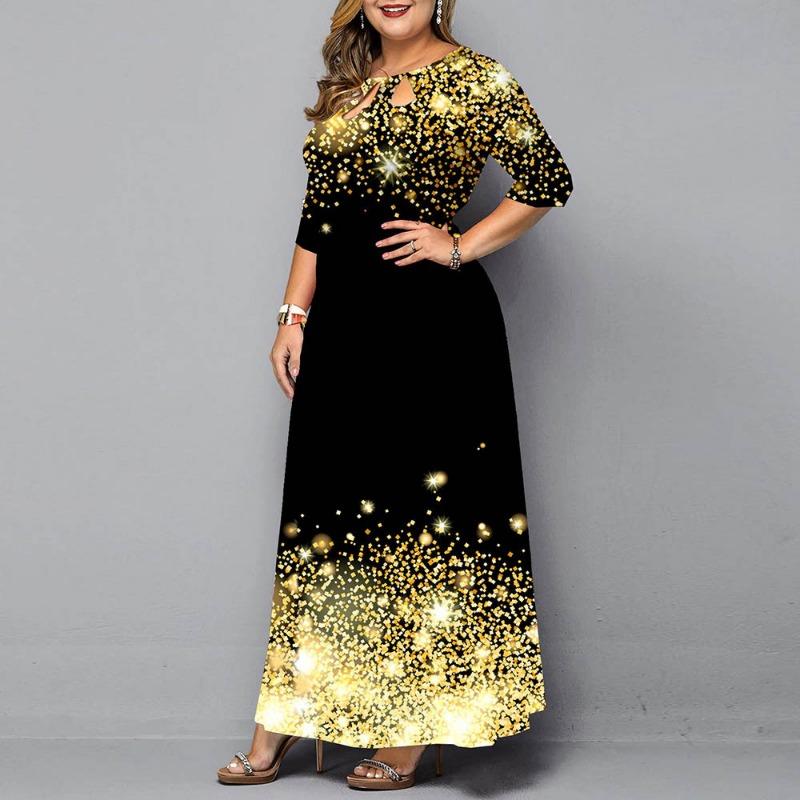 Women Digital Printed Pullover 3 4 Sleeve A Line Long Casual Dress