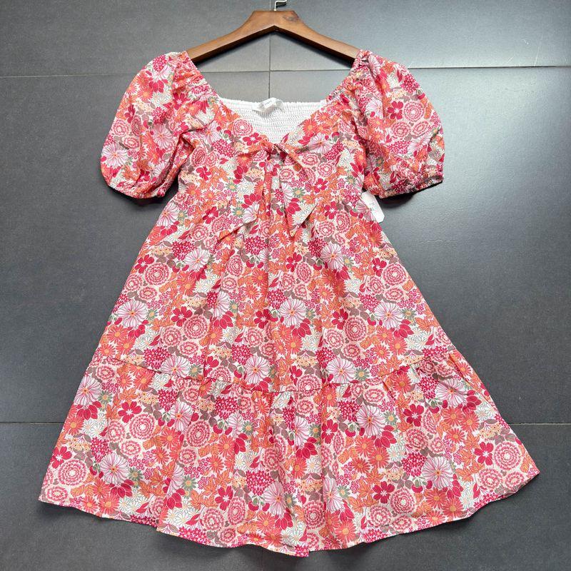 

Foreign Trade @ Ltar d St @ Te Red Flower Sweet Square-Cut Collar Floral Puff sleeve Waist Hugging Mini Dress Red Floral Dress XXS