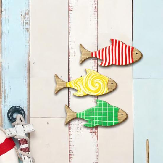 3Pcs/Set Wooden Fish Wall Art Decoration, Striped Wavy Plaid Fish Wall Sculpture, Summer Beach Theme Fish Ornament, Rustic Lake House Nautical Decor