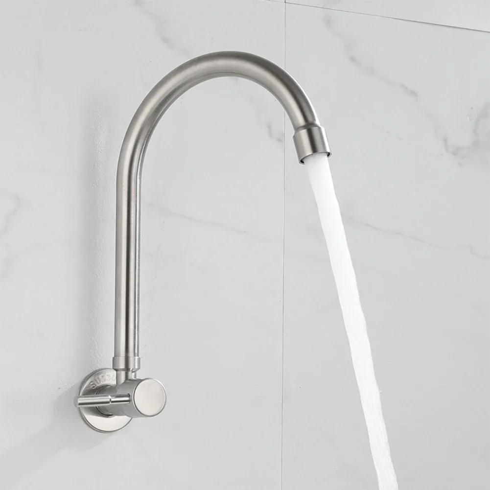 Wandmontierter Küchenhahn Einzelkalt Drehbarer Wasserhahn 304 Edelstahl Balkonspüle Wasserhahn Badezimmerbecken Wasserhahn