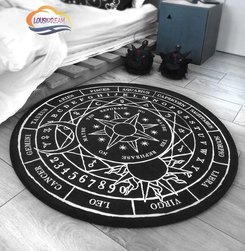 Kulatý koberec se vzorem Pentagram Sun, koberec Satan Devil's Trap, bílý na černém koberci Supernatural Rune