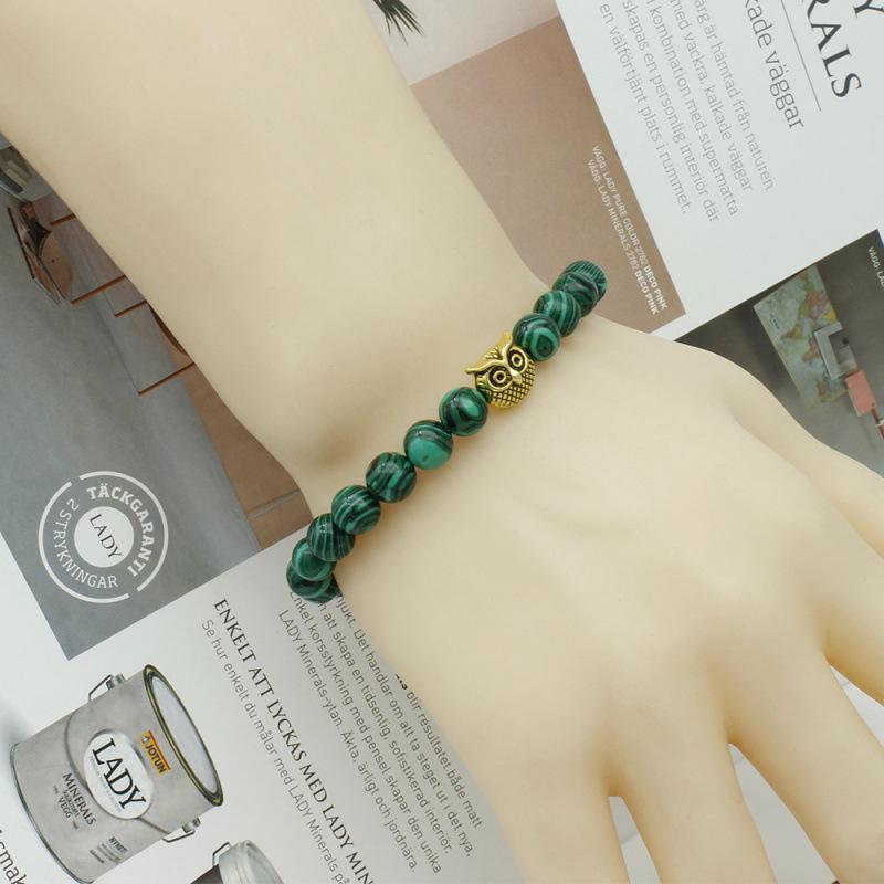 8MM Malachite & Owl Beaded Bracelet - Exclusive European-American Jewelry