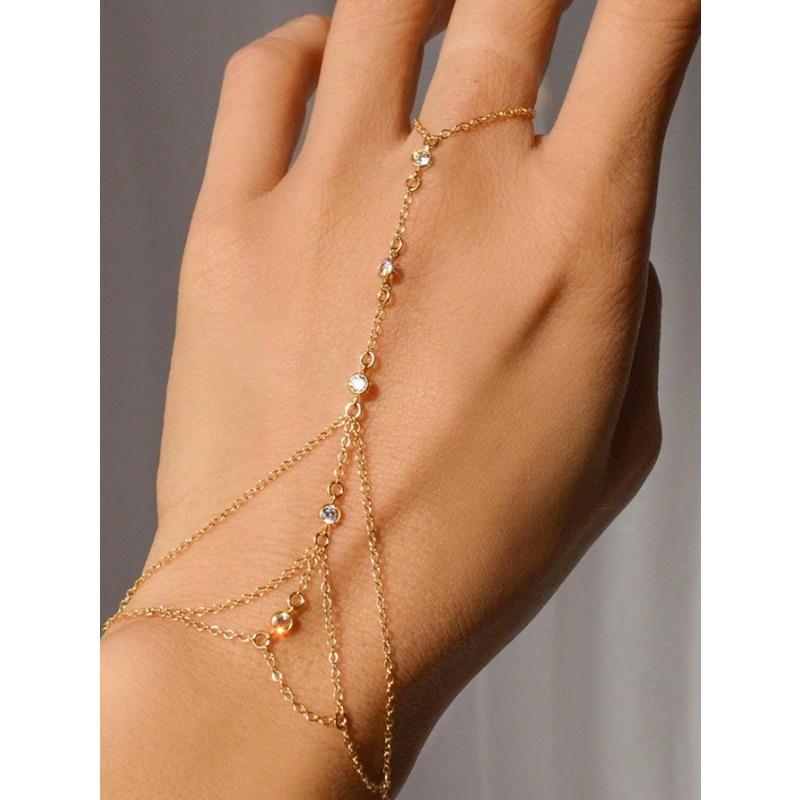1pc Versatile Diamante Decorated Metal Finger Chain Bracelet, Minimalist Chic Accessory
