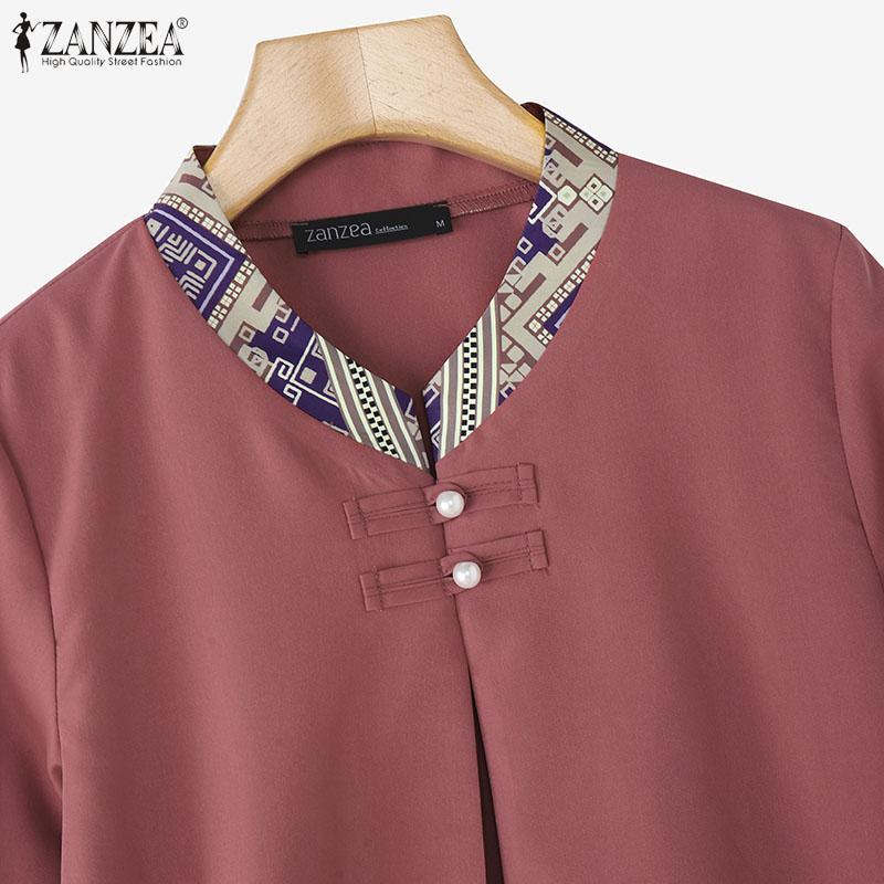 ZANZEA Women Ethnic Print Casual Round Neck Loose Long Sleeve Cardigan Blouse