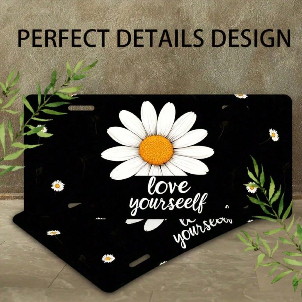 2D Flat White Daisy License Plate Frame, Waterproof Aluminum Front Car Tag Cover, 5.9x11.8 Inch Decorative
