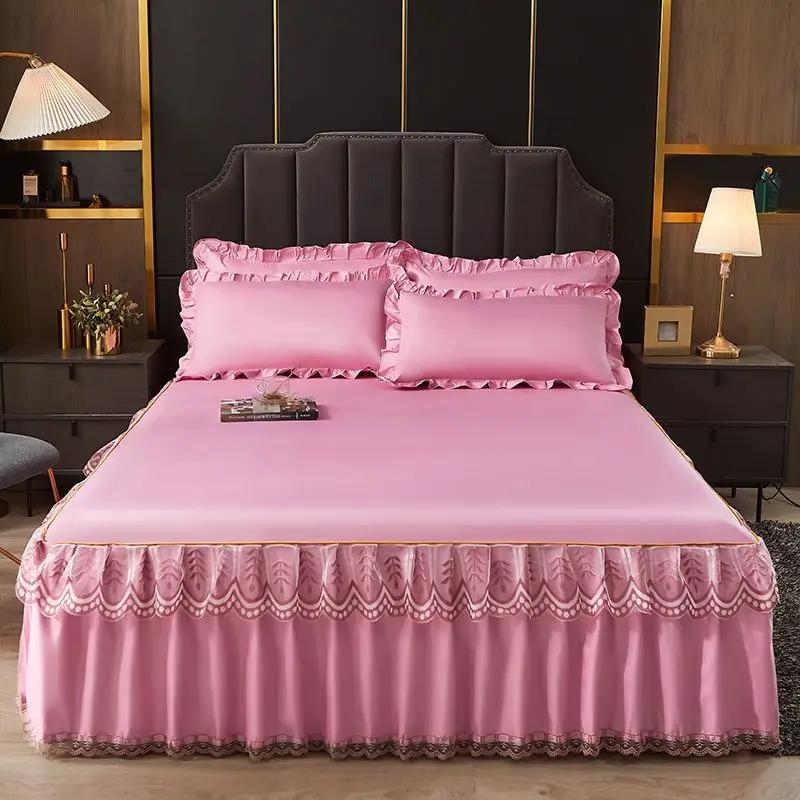 Luxurious lace bed skirt summer bedspread solid satin rayon bed linen couple bedding single double queen king size bed sheet