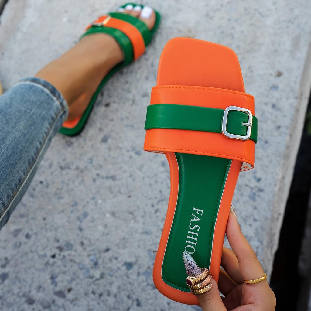 Жіночі плоскі капці літні шкіряні жіночі туфлі на плоскому підборі з квадратним носком, шльопанці, дизайнерські жіночі шльопанці, жіноче взуття, розкішні сандалі