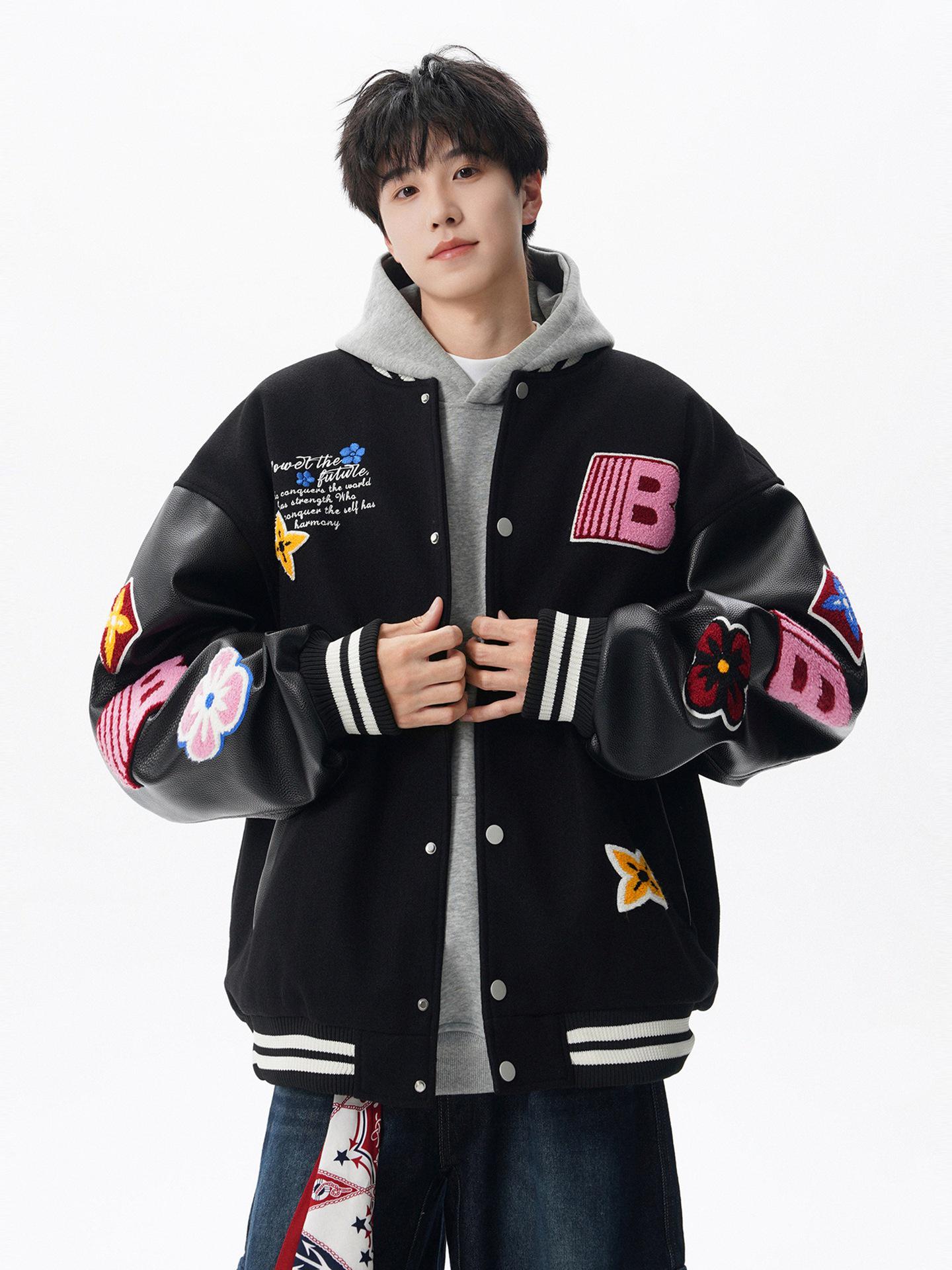 

Unisex Trendy Color Block Patchwork Baseball Jacket - Embroidered Punk Style Outerwear for Spring & Autumn L чорний