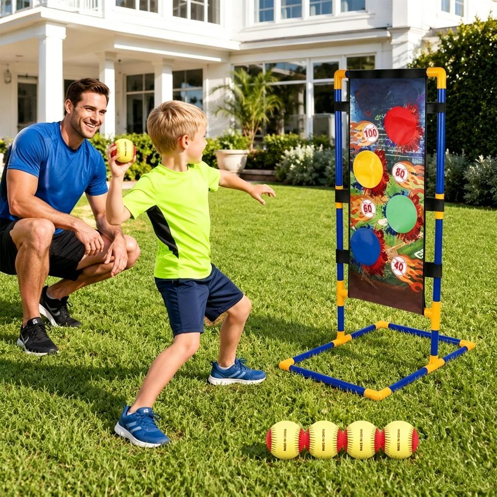 Stehendes Ziel-Wurfspiel-Set mit vier weichen Bällen, verstellbarem Rahmen für den Innen- und Außenbereich, geeignet für Familien-Hinterhof und Partys