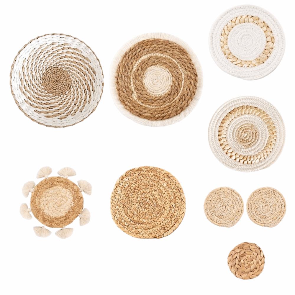 Boho Straw Woven Tray Wall Decor Round Basket Macrame Straw Wall Hangings Non Slip Heat Resistant Woven Coaster Placemat